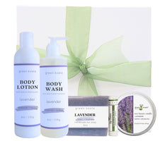 Lavender gift set for any occasion. Includes lotion, body wash, bar soap, lip balm and tin candle.