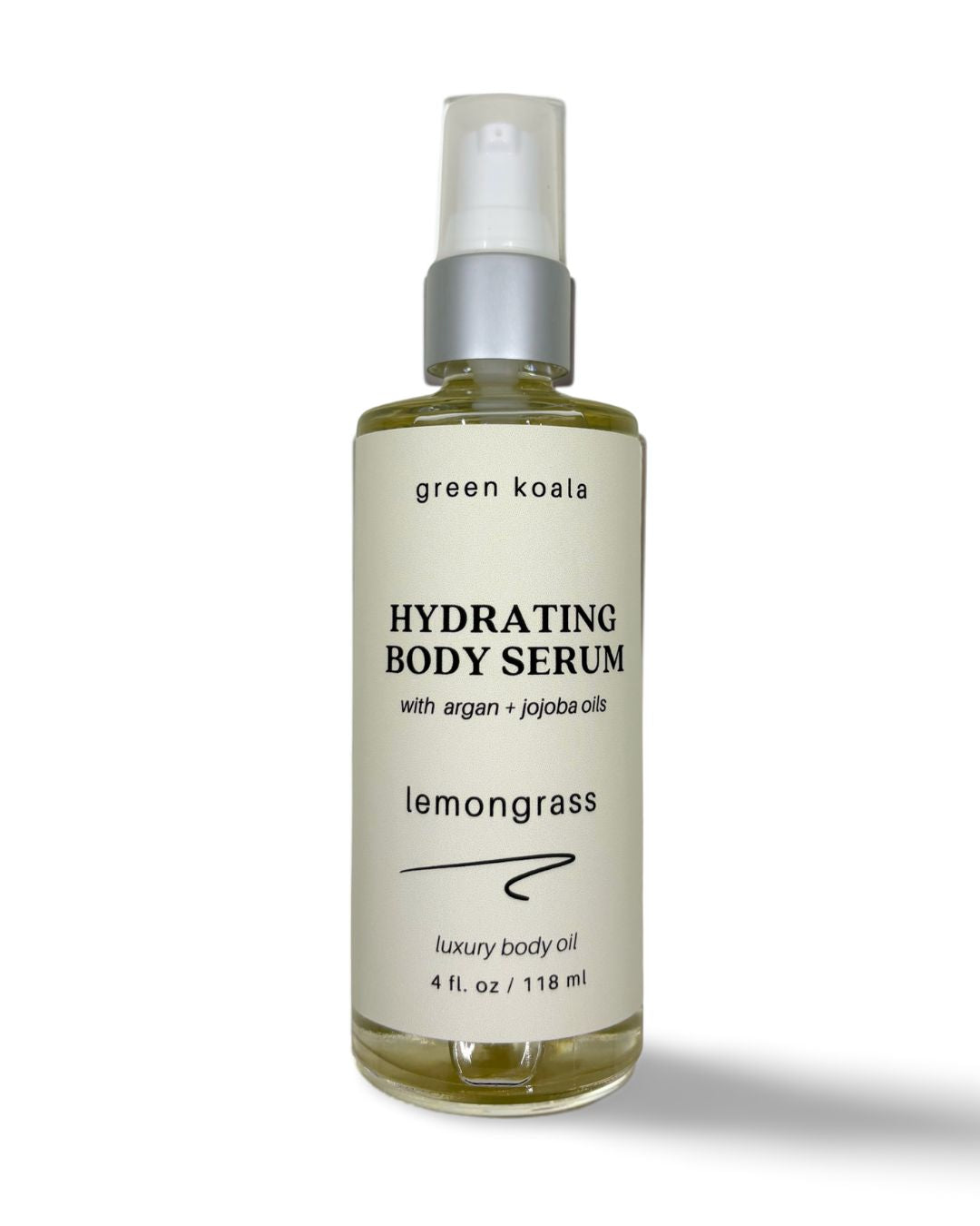 4oz Lemongrass scented body serum in a glass pump bottle. Fast drying and contains organic argon and jojoba oils. 