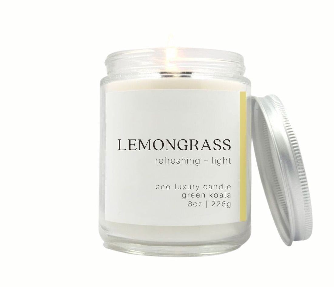 8oz Lemongrass Eco-Luxury Candle with silver lid.