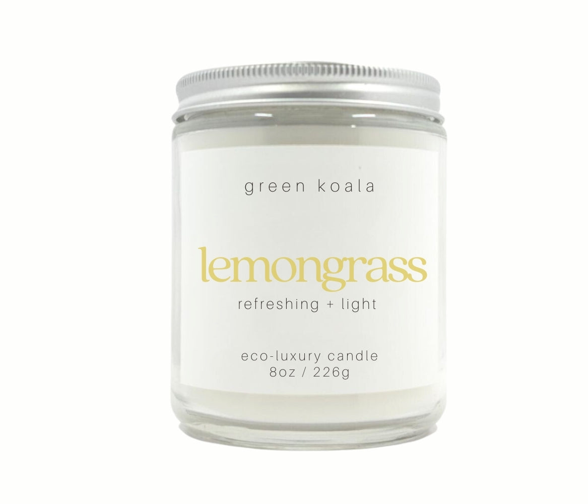 8oz Lemongrass scented eco-friendly candle. Non-toxic and cleaning burning. Made in the USA. 