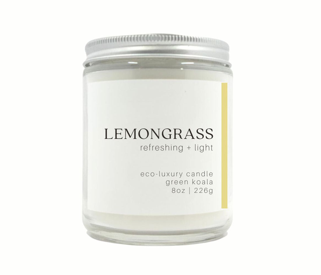 8oz Lemongrass Eco-Luxury Candle with silver lid for a clean burn. 