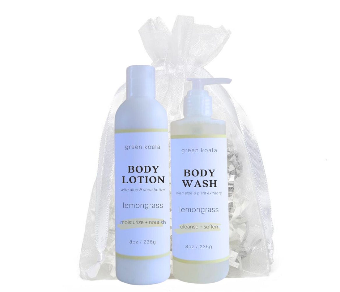Organic Lemongrass Body Wash &amp; Lotion Gift Set with white organza bag