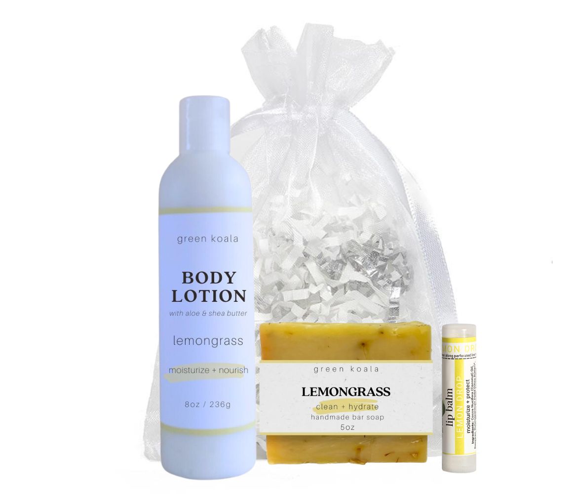 Green Koala Organic Lemongrass Essentials Gift Set with bar soap, lotion, and lip balm
