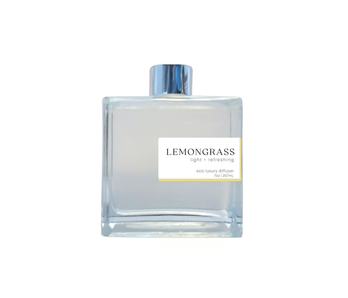 Lemongrass 7oz non-toxic scented reed diffuser in glass jar.