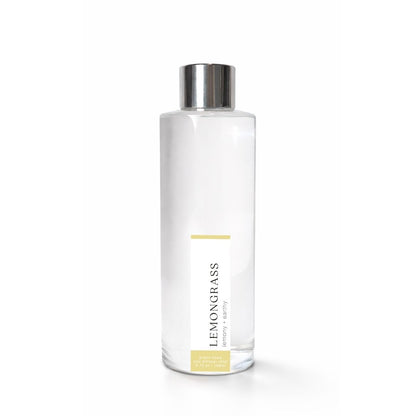 Clear bottle with silver cap labeled Lemongrass on a white background