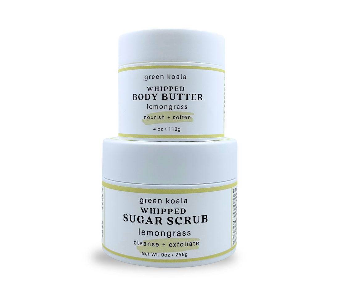 Gift set of green koala whipped body butter and sugar scrub on a white background 