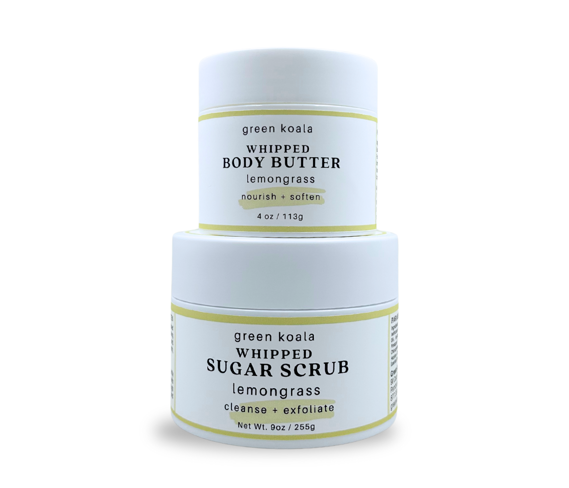 Gift set of green koala whipped body butter and sugar scrub on a white background 