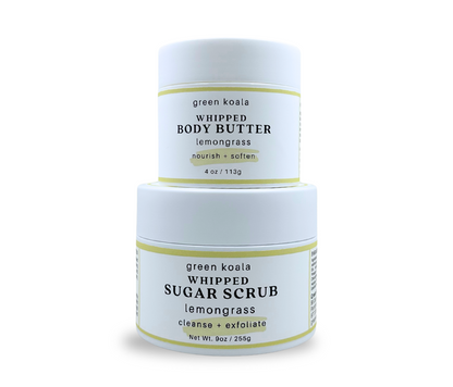 Gift set of green koala whipped body butter and sugar scrub on a white background 