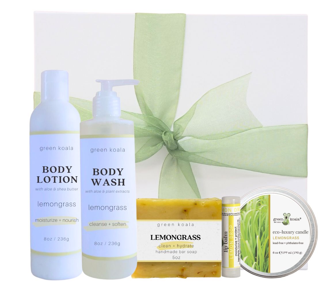 Lemongrass gift box with tin candle, bar soap, lip balm, body wash, and body lotion