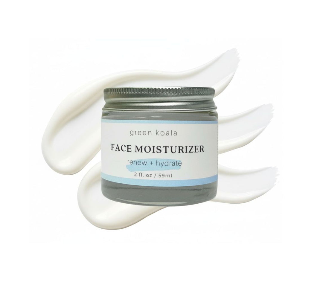 Jar of green koala face moisturizer with a white background