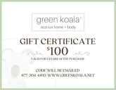 Green Koala gift certificate for $100 on a white background