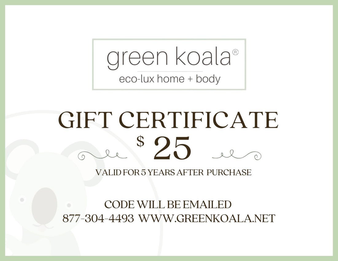 Green Koala gift certificate for $25 on a white background