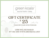 Green Koala gift certificate for $25 on a white background
