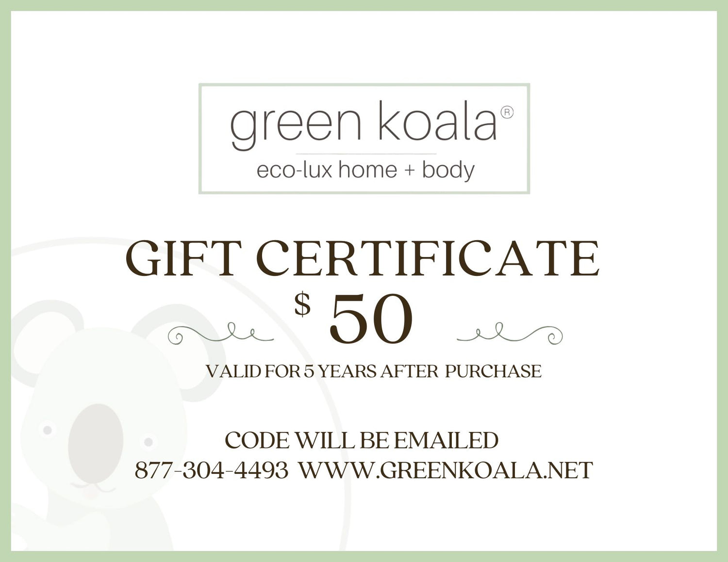 Green Koala gift certificate for $50 on a white background