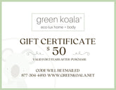 Green Koala gift certificate for $50 on a white background