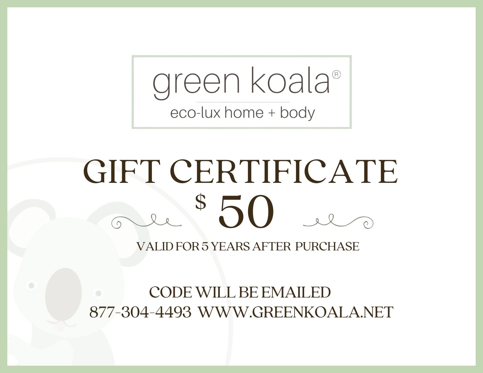 Green Koala gift certificate for $50 on a white background