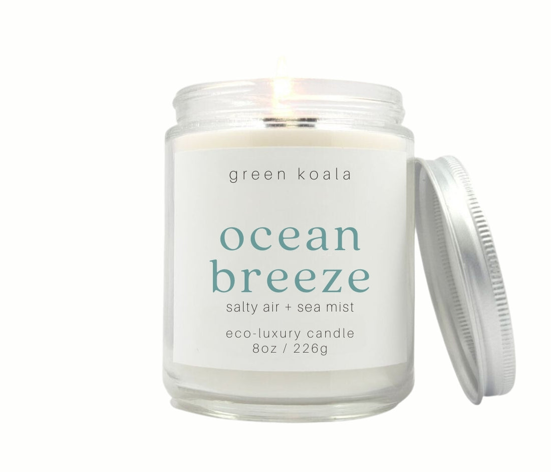 8oz Ocean Breeze scented eco-friendly candle. Non-toxic and cleaning burning. 