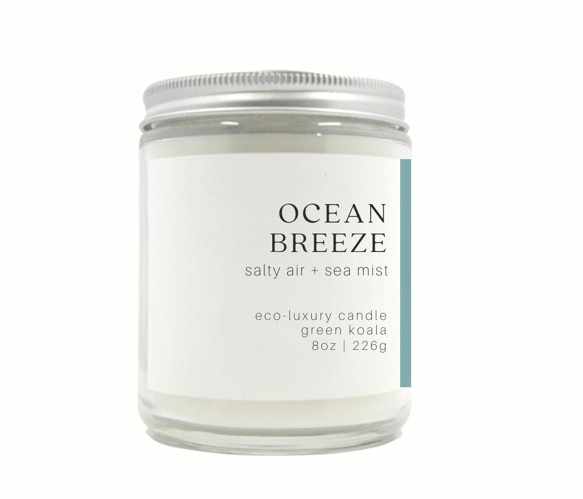 8oz Green Koala Organic Ocean Breeze Eco-Luxury Candle Glass Jar With Lid for a clean burn.
