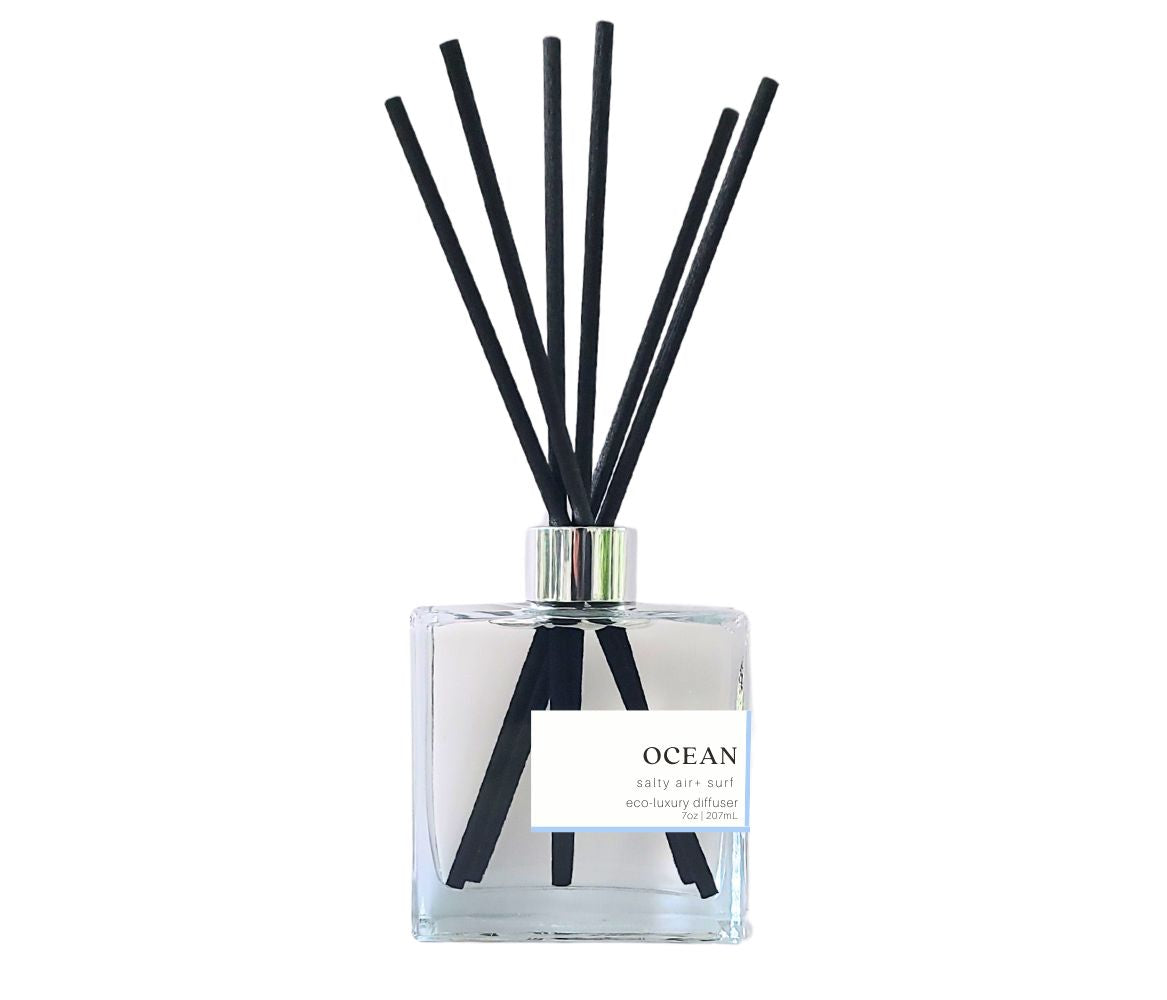Green Koala Non-toxic 7oz Clear Bottle Diffuser with Black Reeds in Ocean Scent