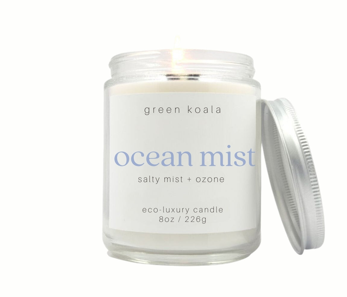8oz Ocean Mist scented eco-friendly candle with silver lid. Non-toxic and cleaning burning. 
