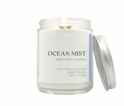 8oz Green Koala Organic Ocean Mist Eco-Luxury Candle Glass Jar With Lid