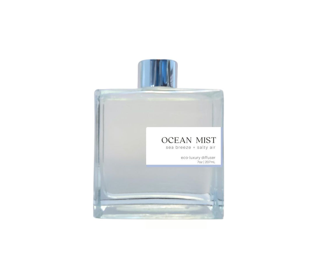 Ocean Mist 7oz non-toxic scented reed diffuser in glass jar.