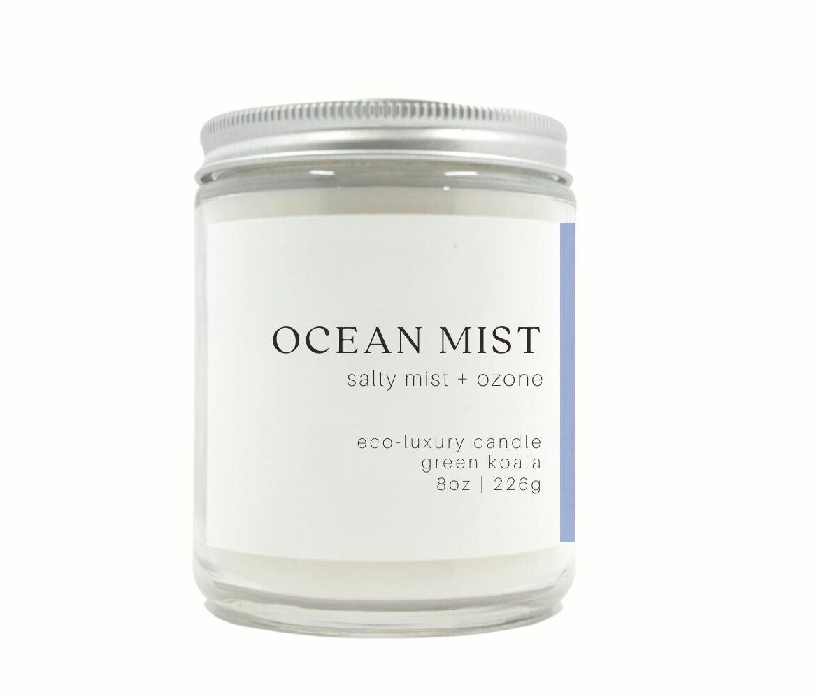 8oz Green Koala Organic Ocean Mist Eco-Luxury Candle Glass Jar With Lid for a clean burn. 