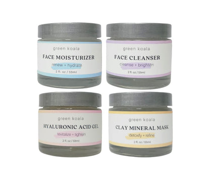Organic Flawless Face Care Gift Set includes moisturizer, cleanser, hyaluronic acid gel and clay mask.