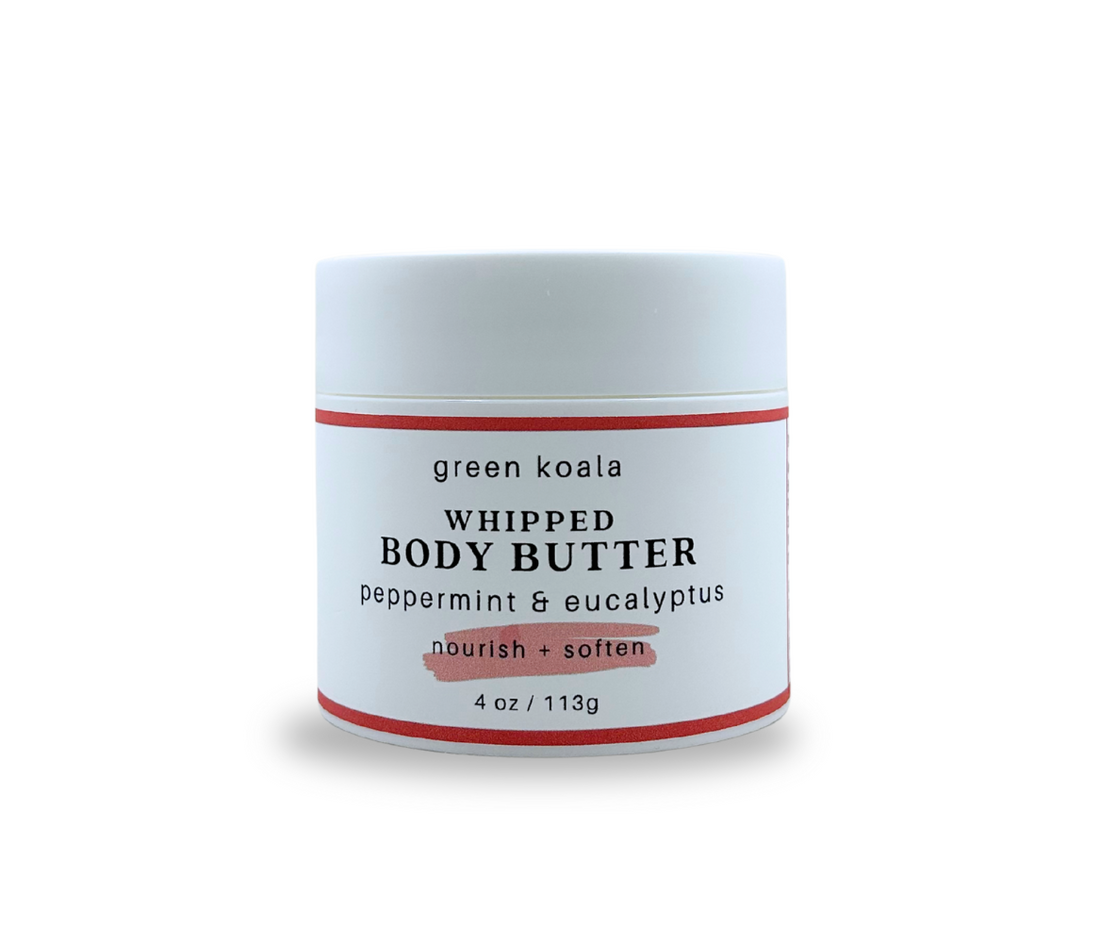 Jar of green koala peppermint eucalyptus whipped body butter on a white background