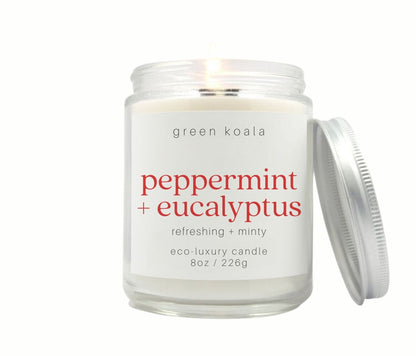 8oz Peppermint + Eucalyptus scented eco-friendly candle. Non-toxic and cleaning burning. 