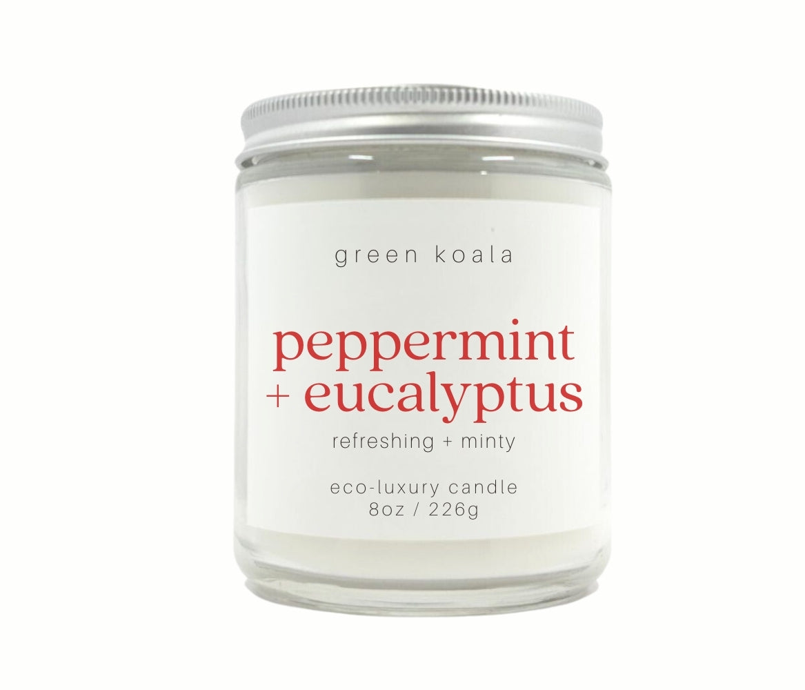 8oz Peppermint Eucalyptus scented eco-friendly candle with silver lid. Non-toxic and cleaning burning. 