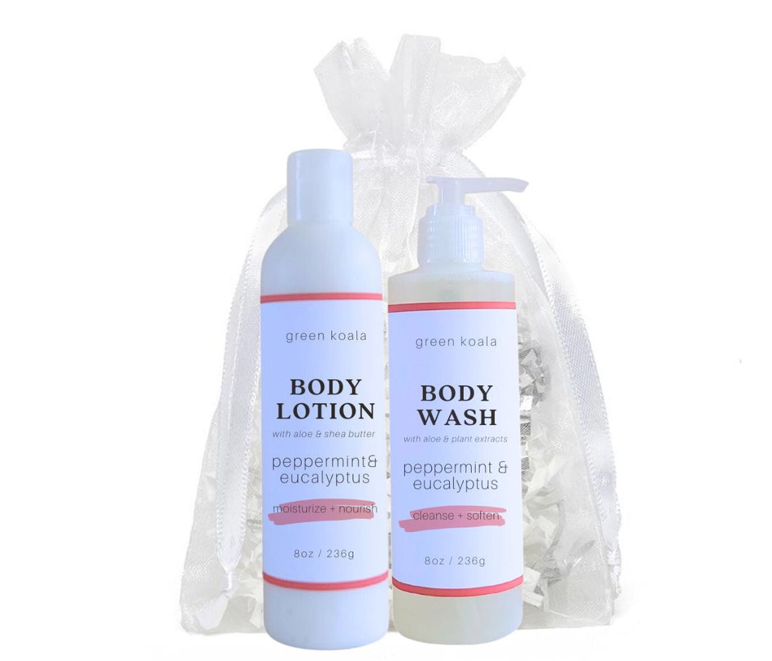 Green Koala Organic Peppermint and Eucalyptus Natural Body Lotion and Body Wash in an Organza bag.