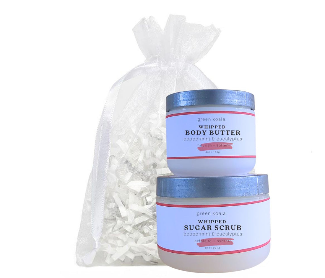Organic Peppermint &amp; Eucalyptus Body Butter &amp; Scrub gift set packaged in a white organiza bag