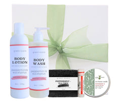 Organic Gift Box Set with 6oz tin candle, peppermint & tee tree bar soap, peppermint lip balm, Peppermint & Eucalyptus body wash, and peppermint & Eucalyptus body lotion