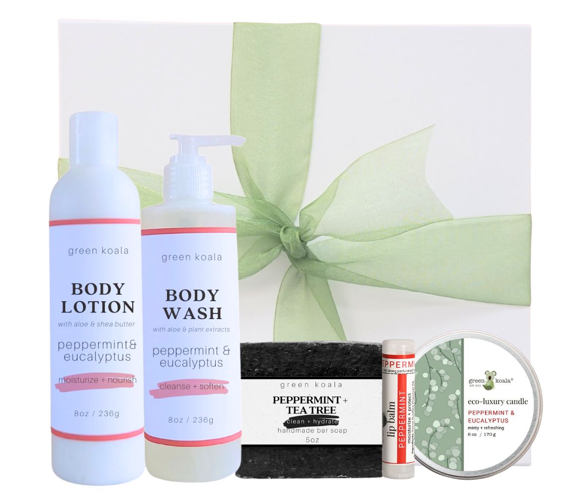 Organic Gift Box Set with 6oz tin candle, peppermint &amp; tee tree bar soap, peppermint lip balm, Peppermint &amp; Eucalyptus body wash, and peppermint &amp; Eucalyptus body lotion