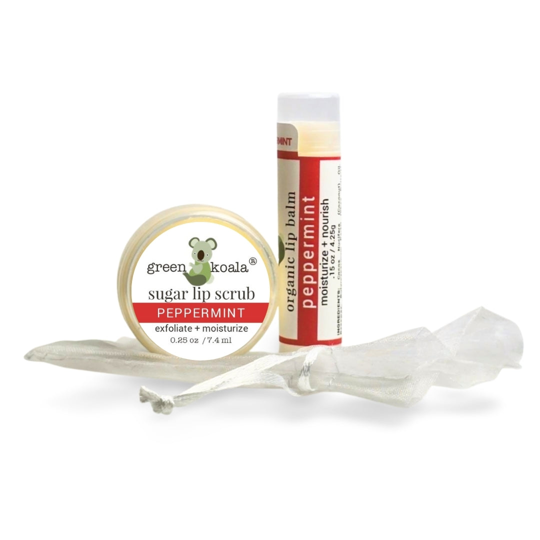 Organic Peppermint Lip Scrub and Lip Balm Gift Set.