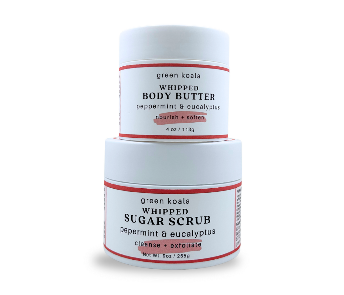 Gift Set  of Green Koala peppermint &amp; eucalyptus whipped body butter and sugar scrub on a white background