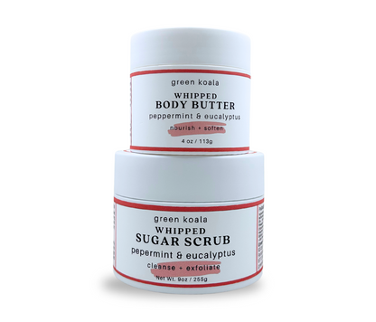 Gift Set  of Green Koala peppermint &amp; eucalyptus whipped body butter and sugar scrub on a white background