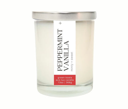 13oz Green Koala Organic Peppermint Vanilla Eco-Luxury Candle Glass Jar With Lid