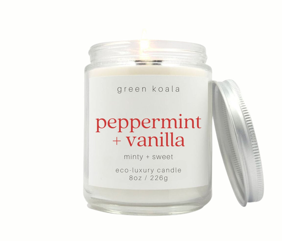 8oz Peppermint Vanilla Eco-friendly Candle Glass Jar With Silver Lid. Clean burning non-toxic.