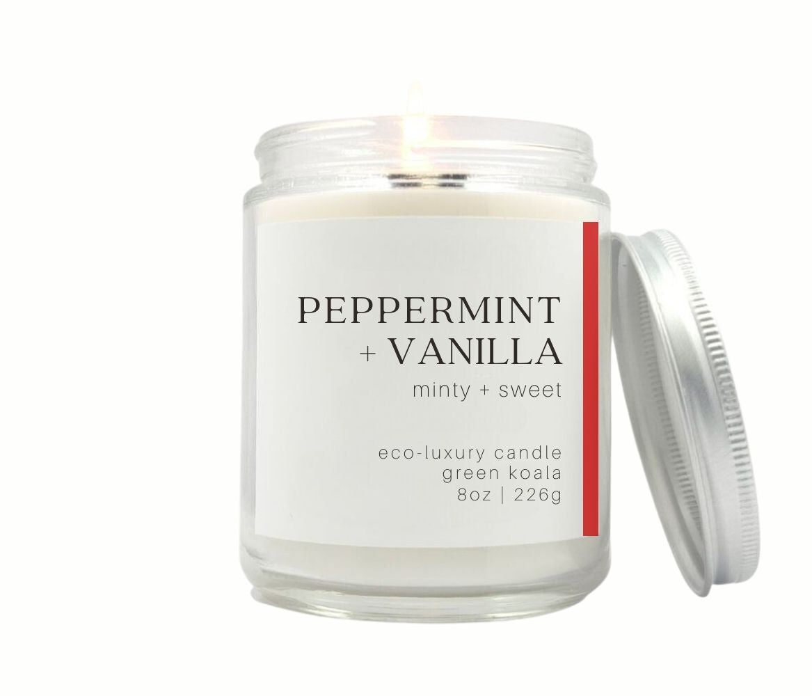8oz Peppermint Vanilla Eco-Luxury Candle Glass Jar with silver lid. Non-toxic and clean burning.