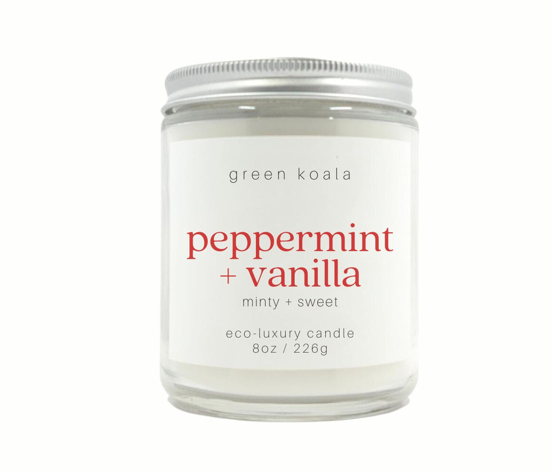 8oz Peppermint Vanilla Eco-friendly Candle Glass Jar. Clean burning non-toxic. Hand poured in the USA. 