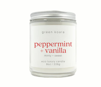 8oz Peppermint Vanilla Eco-friendly Candle Glass Jar. Clean burning non-toxic. Hand poured in the USA. 