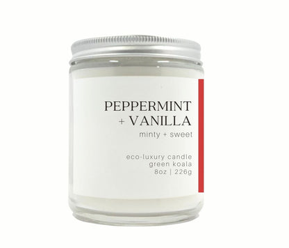 8oz Peppermint Vanilla Eco-Luxury Candle Glass Jar with silver lid. 
