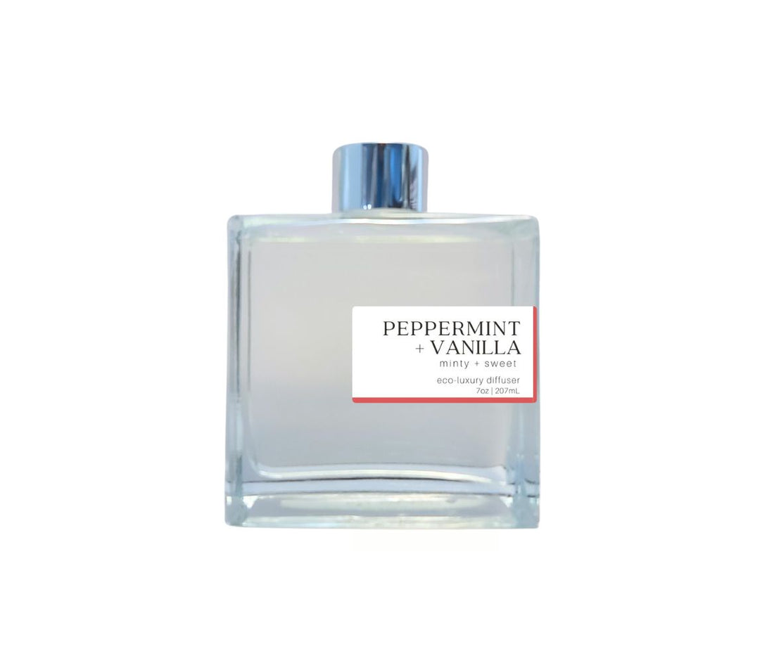 Peppermint Vanilla 7oz non-toxic scented reed diffuser in glass jar.