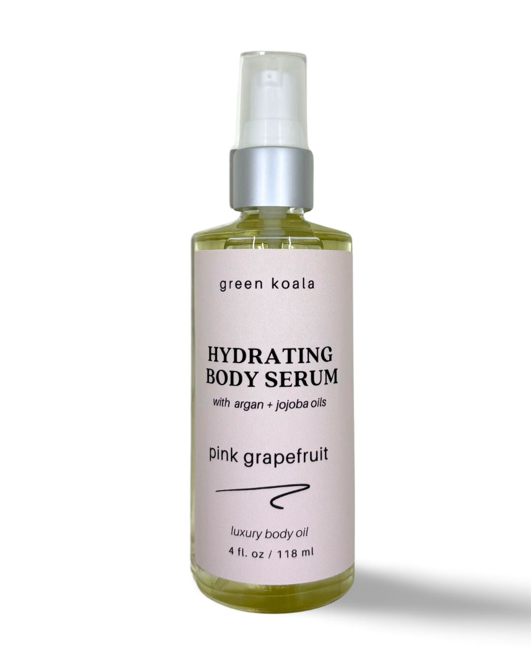 4oz Pink Grapefruit scented body serum in a glass pump bottle. Fast drying and contains organic argon and jojoba oils. 