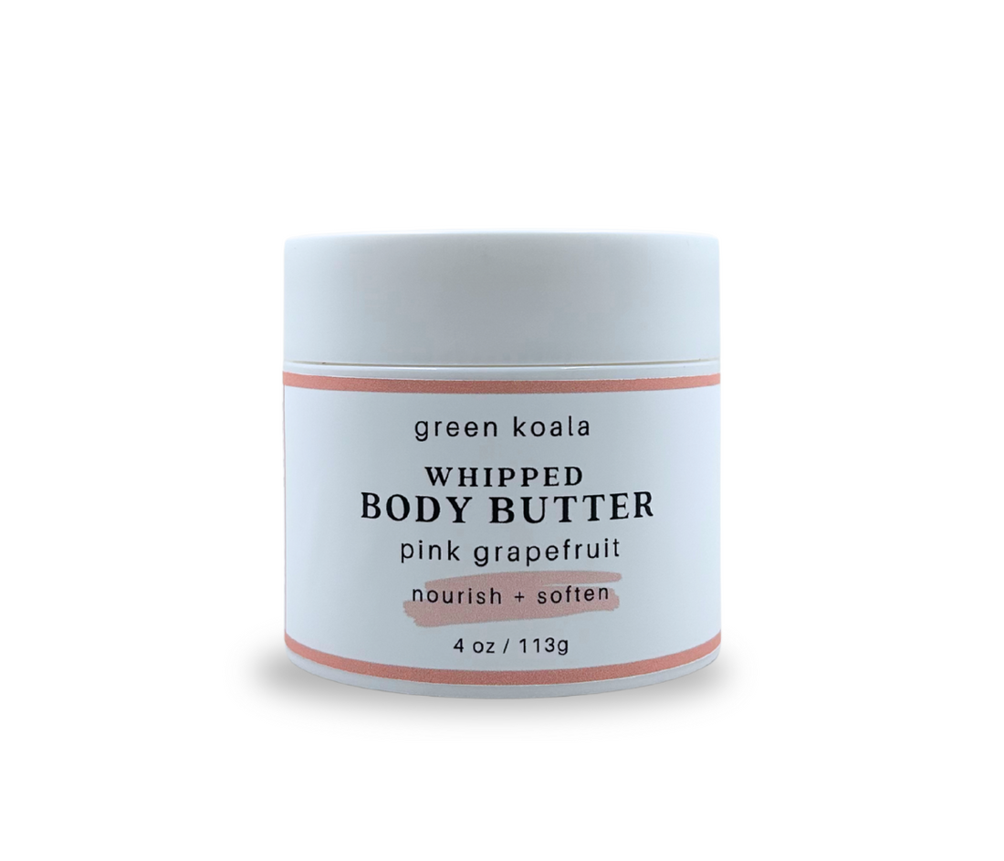 4oz jar of green koala pink grapefruit whipped body butter with pink grapefruit scent on a white background
