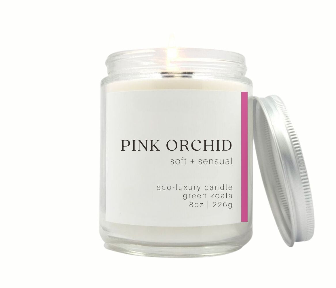 8oz Green Koala Organic Pink Orchid Zero Waste Eco-Luxury Drinking Glass Candle With Metal Lid. Non-toxic and clean burning. 