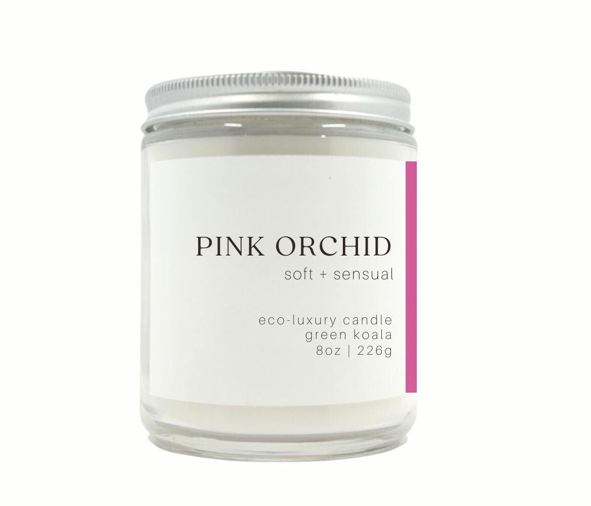8oz Green Koala Organic Pink Orchid Zero Waste Eco-Luxury Drinking Glass Candle With Metal Lid