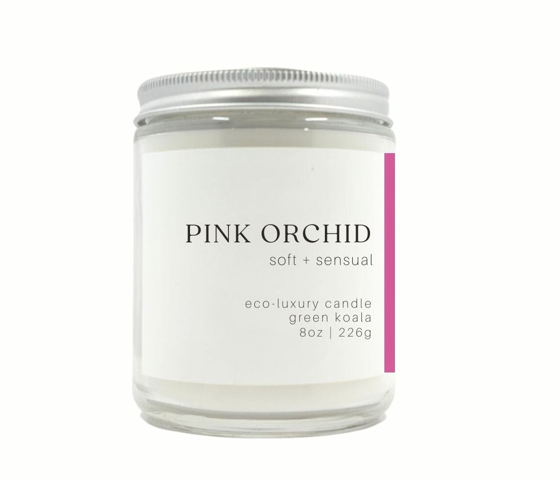 8oz Green Koala Organic Pink Orchid Zero Waste Eco-Luxury Drinking Glass Candle With Metal Lid. 